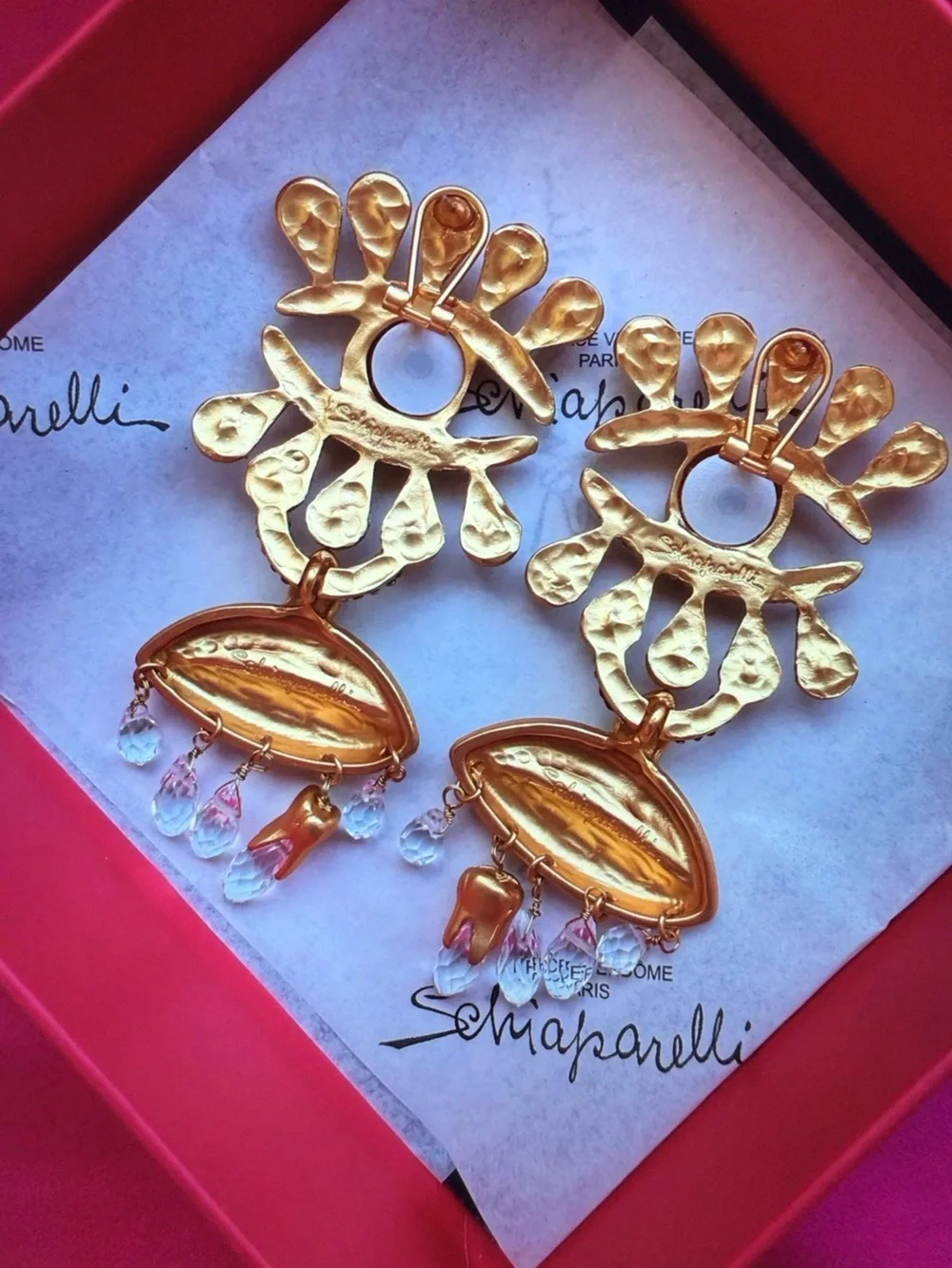 Schiaparelli Gold Eye & Lip Drop Earrings with Clear Crystal Accents